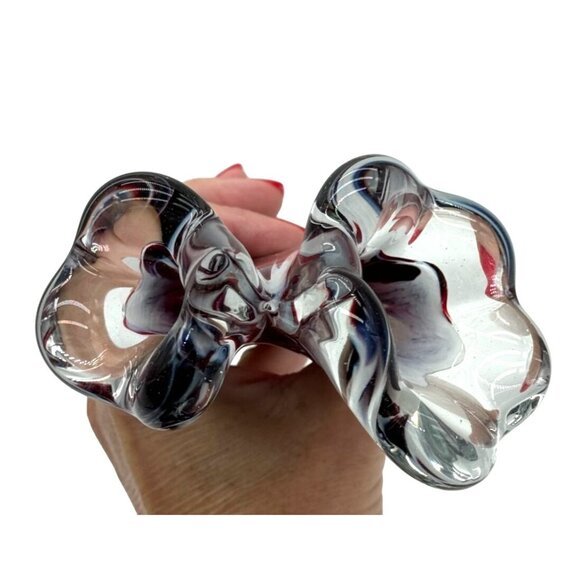 Double Bud Handblown Art Glass Vase Stretch Burgundy Blue White w/ Base 8.75" - Picture 5 of 6